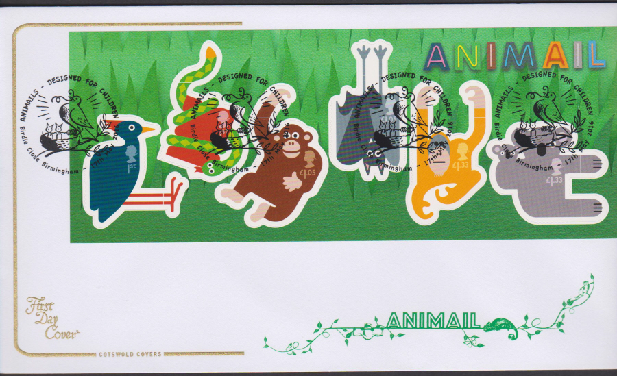 2016 - Animail Animals Minisheet, Cotswold First Day cover, Birdie Close Birmingham Postmark
